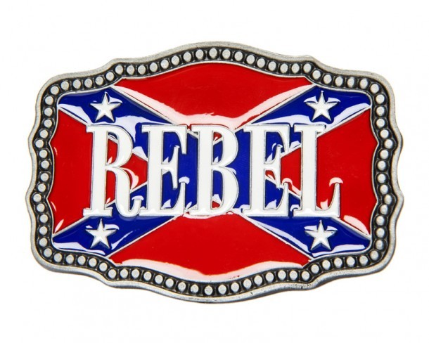 Rebel enameled belt buckle with Southern flag background
