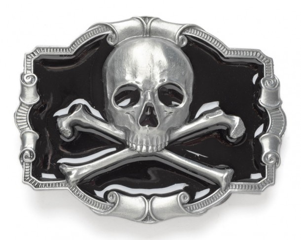 Biker style pirate skull over black enamel metallic belt buckle