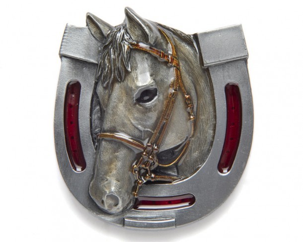Horseshoe shaped western belt buckle with horse head