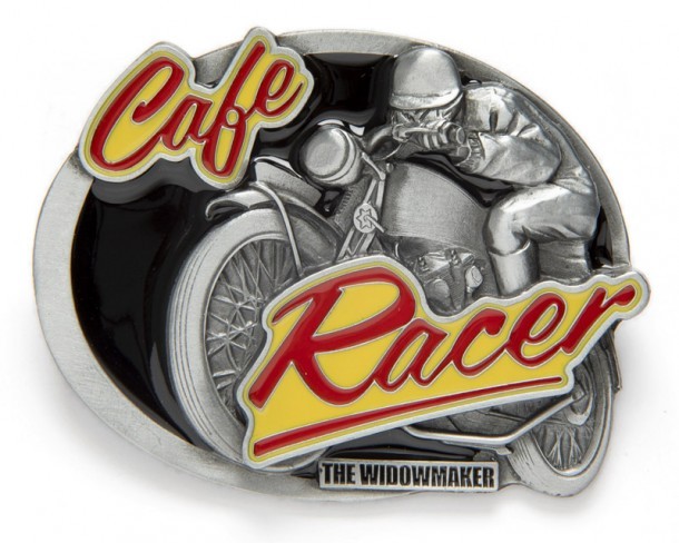 Biker style Cafe Racer belt buckle with Widowmaker motorcycle
