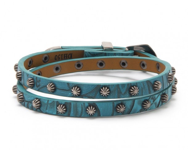 Cowgirl blue turquoise hatband with embossed floral scrolls and starburst conchos