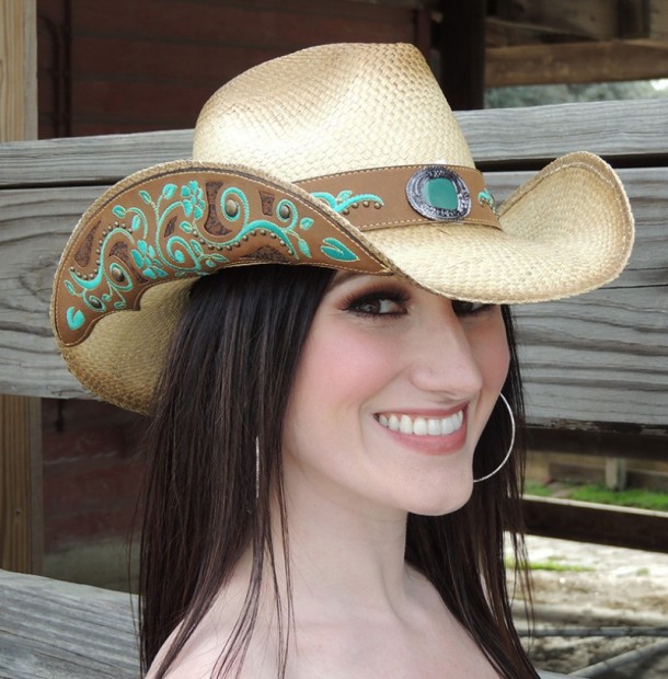 Sombrero cowgirl paja decorada apliques turquesa