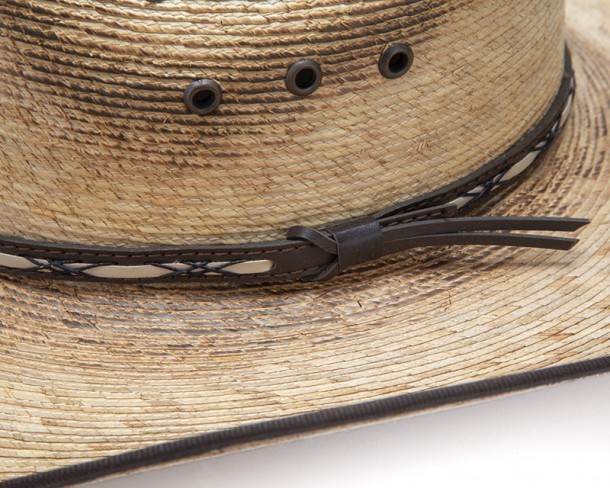Toasted finish palm leaf outback style hat with brown ribbon bound edge