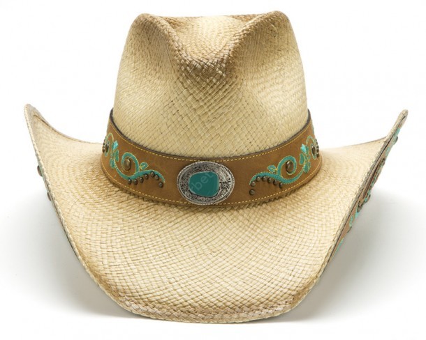 Cowgirl embroidered toasted Panama straw hat with turquoise colour stone