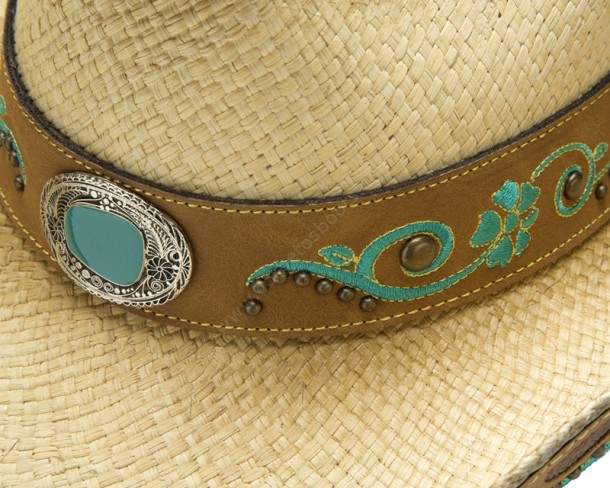 Sombrero country para mujer paja natural con bordados y piedra verde