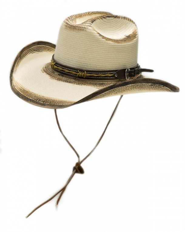 Mens western off-white canvas hat with leather chin strap