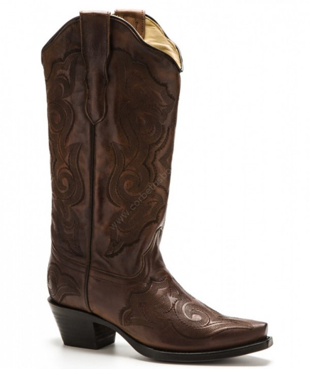 Mexican ladies western chestnut brown boots with dark embroidery