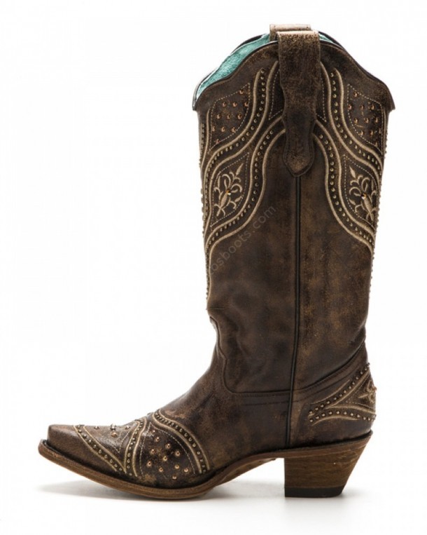 Brown leather cowgirl fashion Corral Boots with antique bronze studs