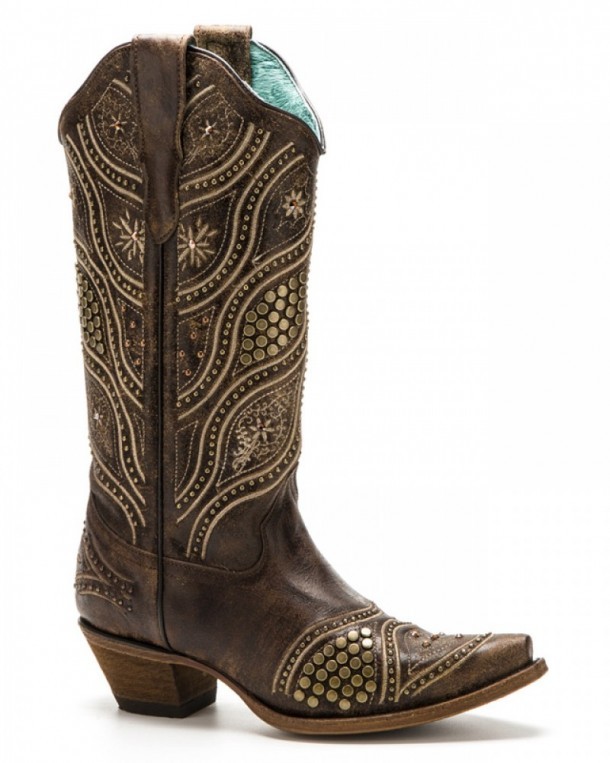 Brown leather cowgirl fashion Corral Boots with antique bronze studs