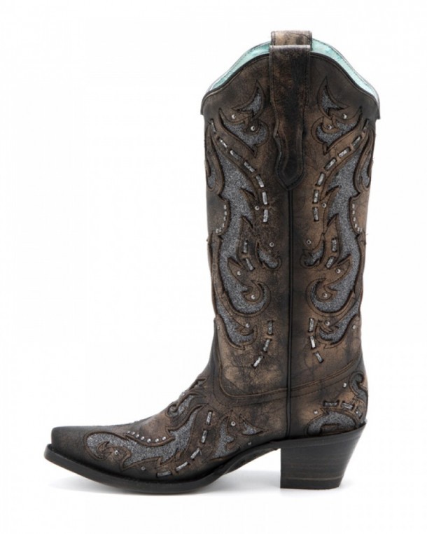 Distressed vintage look Corral ladies boots with metallic grey glitter
