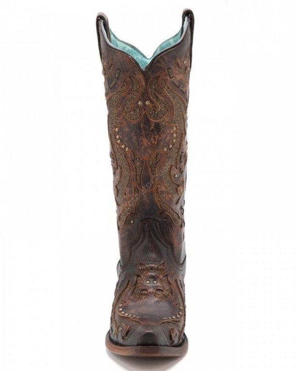 Cognac leather cowgirl style Corral high leg boots with golden glitter