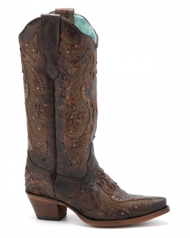 Cognac leather cowgirl style Corral high leg boots with golden glitter