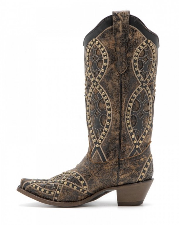 Ladies Corral snip toe fashion western boots distressed brown leather with studs