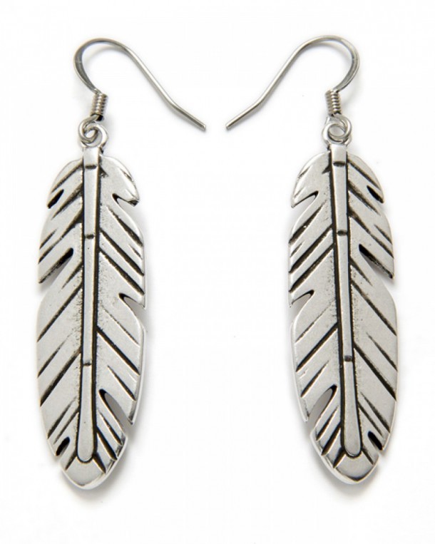 Western ladies silver look feather earrings