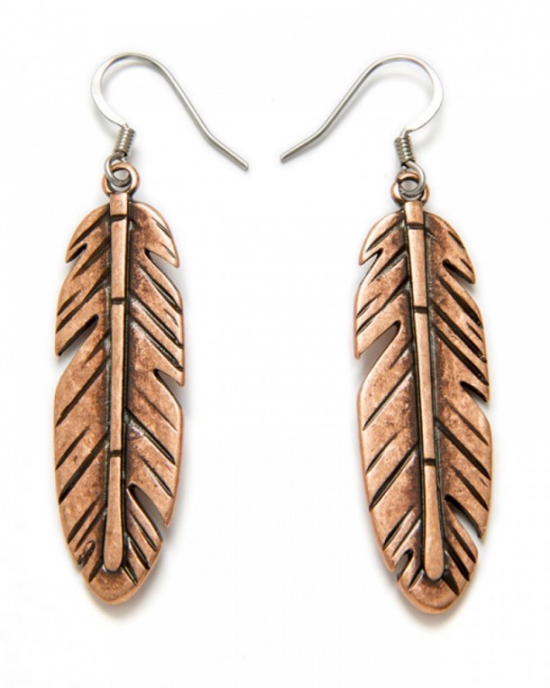 Copper look western feathers women earrings
