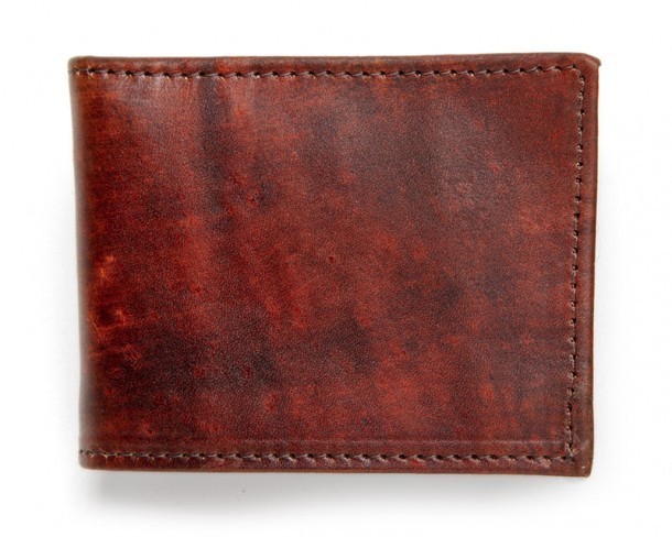 Distressed look whiskey brown leather compact mens wallet