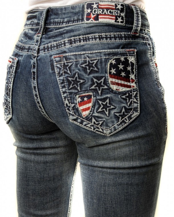 Cowboy denim pants for women embroidered American flag