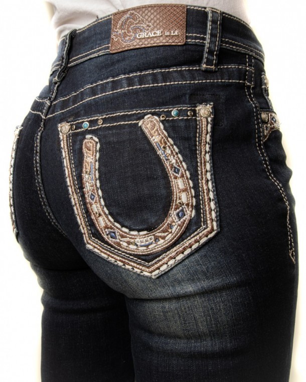 Line dance style stretch cowgirl pants with decorated pockets