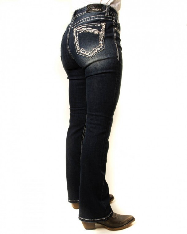 Blue stretchy boot cut jeans with embroidery and rhinestones