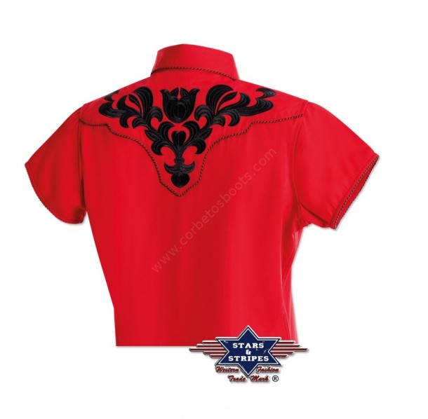 Women Stars & Stripes red short-sleeved shirt with black embroidery