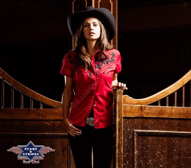Women Stars & Stripes red short-sleeved shirt with black embroidery