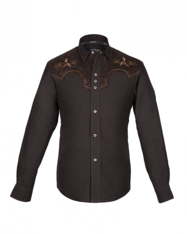 Rodeo style brown mens shirt with embroidered stars and yoke