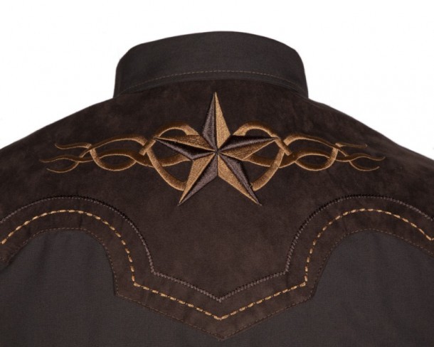 Rodeo style brown mens shirt with embroidered stars and yoke
