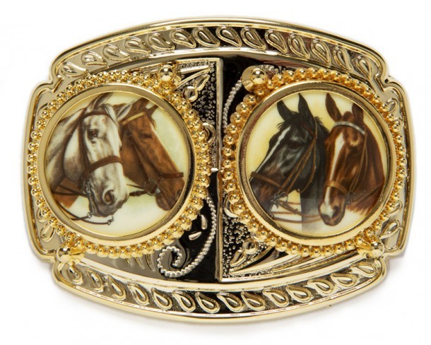 Shiny golden metallic western rider belt buckle with double horse images