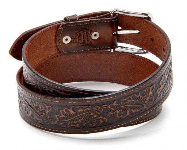 Distressed cognac brown leather engraved Mexican western fashion belt