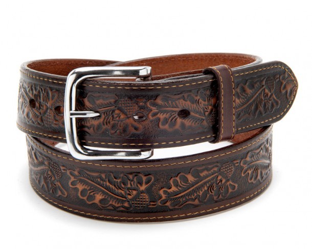 Distressed cognac brown leather engraved Mexican western fashion belt