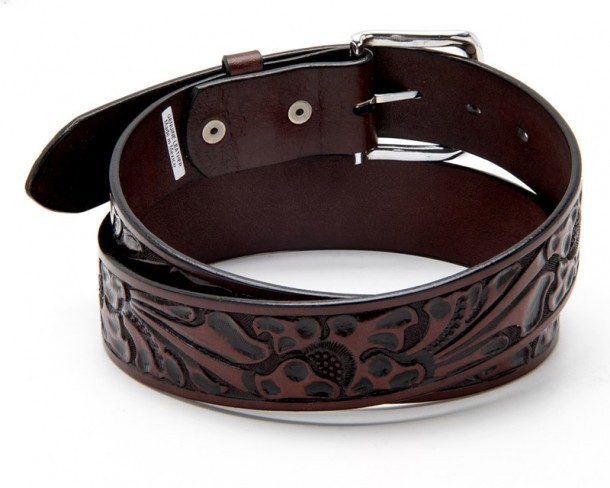 Unisex shiny brown leather western belt with floral scrolling