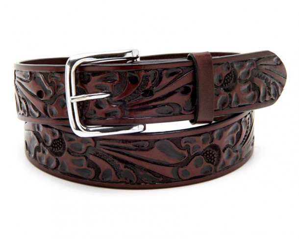 Unisex shiny brown leather western belt with floral scrolling