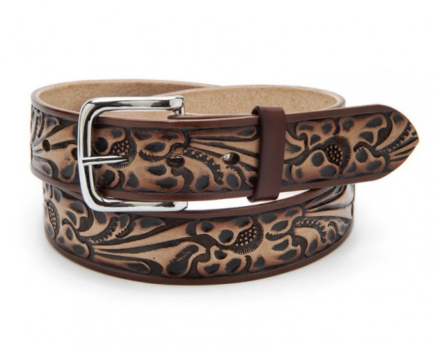 Natural colour leather Mexican western belt with tooled floral scrolling