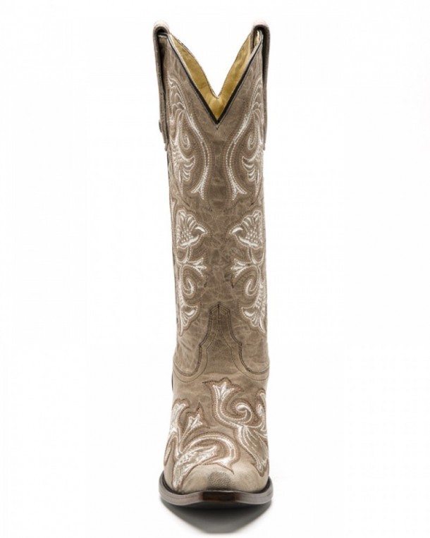 Bota western beige Corral Boots para mujer con bordado floral blanco