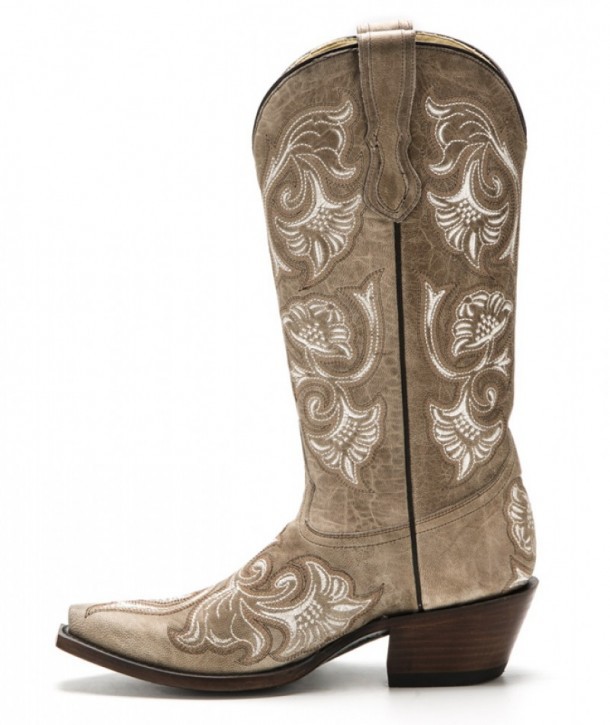 Women cream western Corral Boots with full bone flower stitching