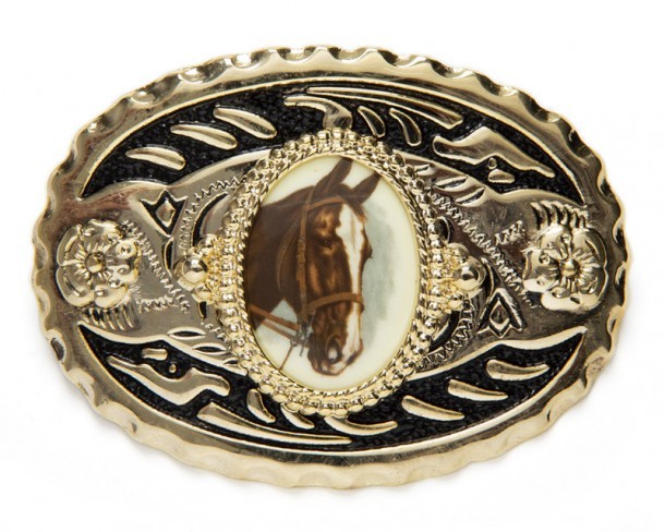 Golden shine and black western belt buckle with flower scrolls and brown horse