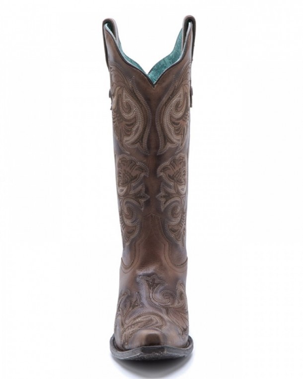 Burnished brown leather with floral stitching ladies western boots made in Mexico