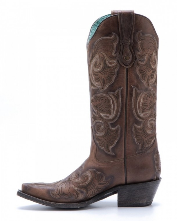 Burnished brown leather with floral stitching ladies western boots made in Mexico