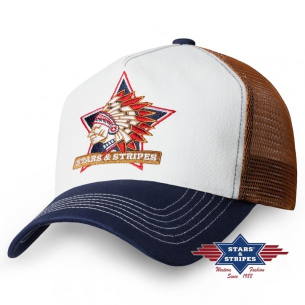 Stars & Stripes unisex trucker cap embroidered Native American chief with warbonnet