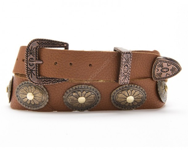 Cognac leather wide hat band with bronze toned conchos