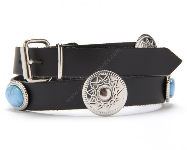 Black leather decorative hat band with silver conchos and turquoises