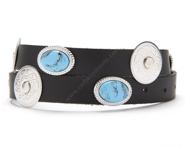 Buy your new black leather hat band with conchos and turquoises to decorate your hat