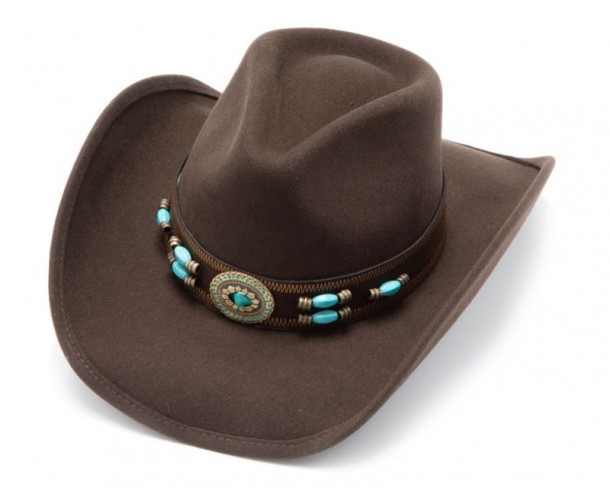 Cowboy fashion dark brown wool felt hat with carved look blue stone beads