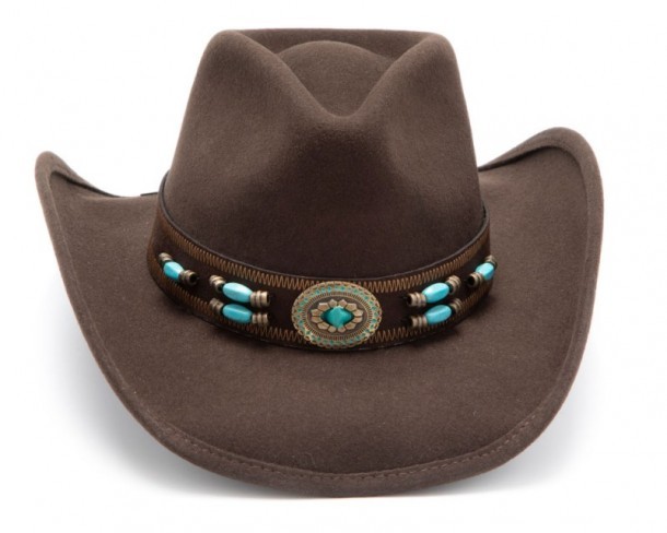 Sombrero fieltro marrón moda cowboy con piedras talladas azules