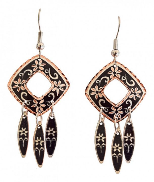 Black diamond-shape carved earrings with floral drawings