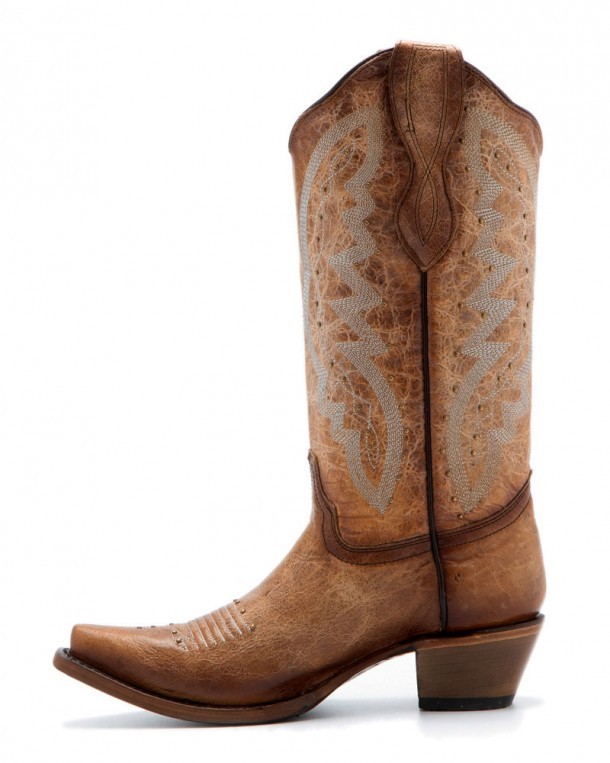 Boho fashion cowgirl beige boots with distressed golden studs