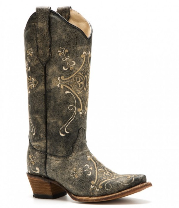 L-5048 Black Crackle Bone | Encuentra en nuestra tienda online cowboy estas botas para mujer de cuero negro envejecido con bordados color beige.