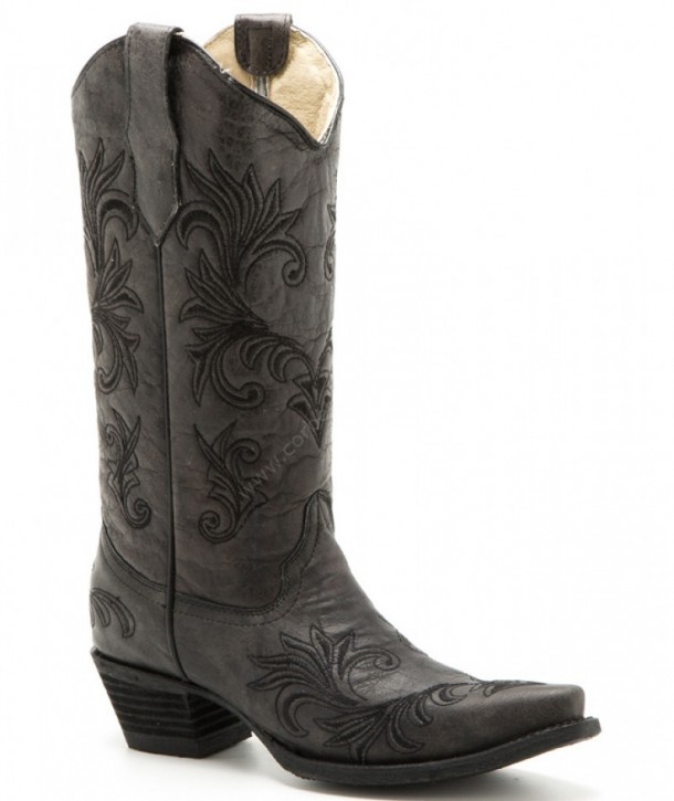 L-5142 Black Filigree | Buy at our specialized western online shop these women Circle G dark grey leather boots with black filigree embroidery.