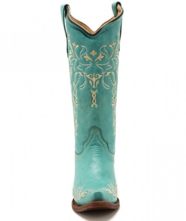 L-5148 Turquoise Beige Embroidery | Compra en nuestra tienda online estas botas vaqueras para mujer de cuero color turquesa con bordados en beige.