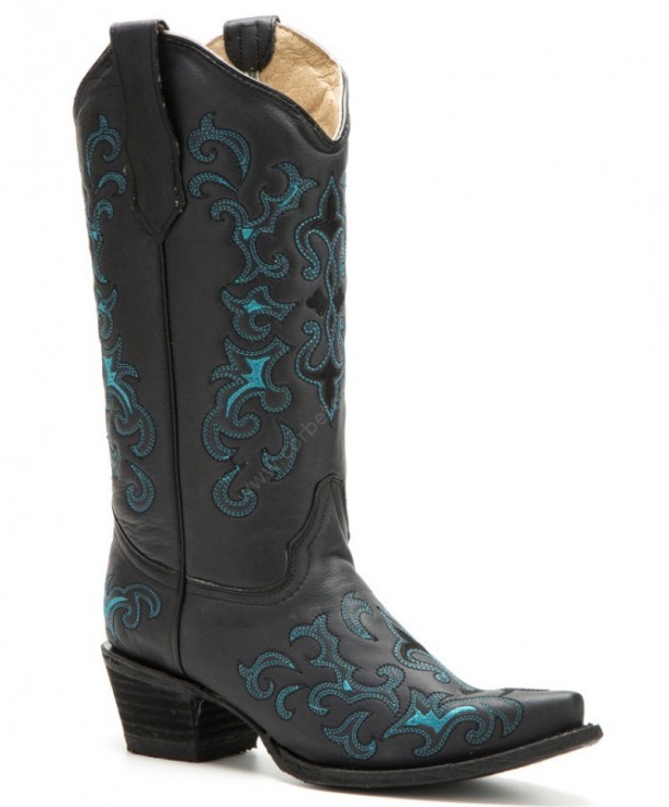 L-5150 Black Blue Fleur | Find at our western online shop some genuine Mexican ladies boots. Buy these black leather boots with blue stitching.
